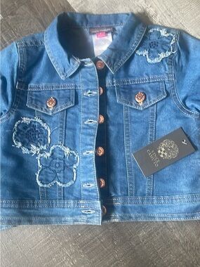 Vince Camuto Girls Blue Denim Jacket with Floral Appliqués
